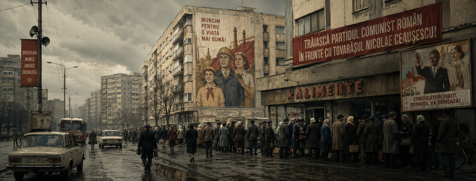 Communist life in Romania with apartment blocks, queues, and public slogans