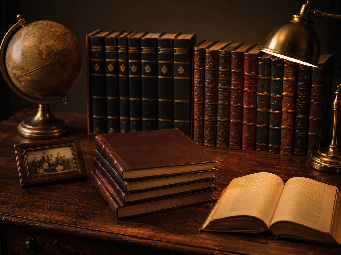 Britannica Encyclopedias and Great Books in warm light