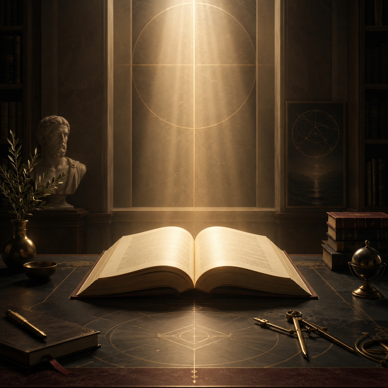 The Logos symbolised through an open book, light, order, and meaning